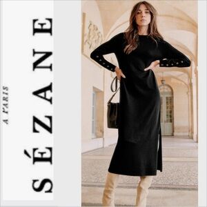 Sezane knit sweater midi dress black M 100% Merino wool